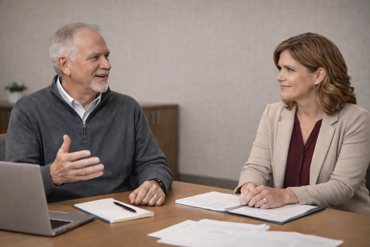 Jef in conversation with a leader at a conference table